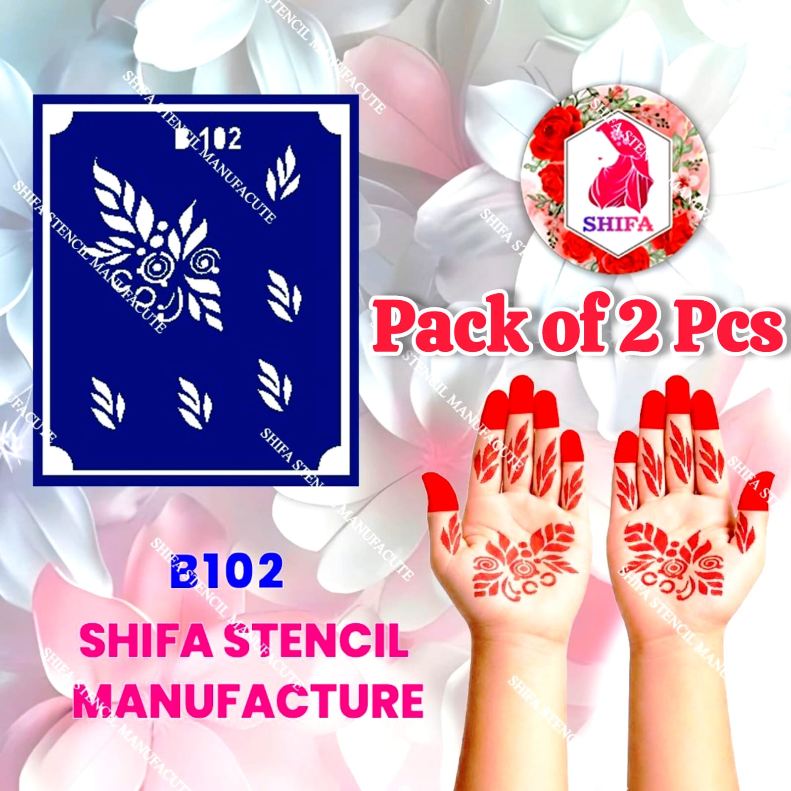 B102 (age 5 to 10)  5 to 10 Emerald Swirl Bloom Double Hand Henna Stencil - Shifa Stencil